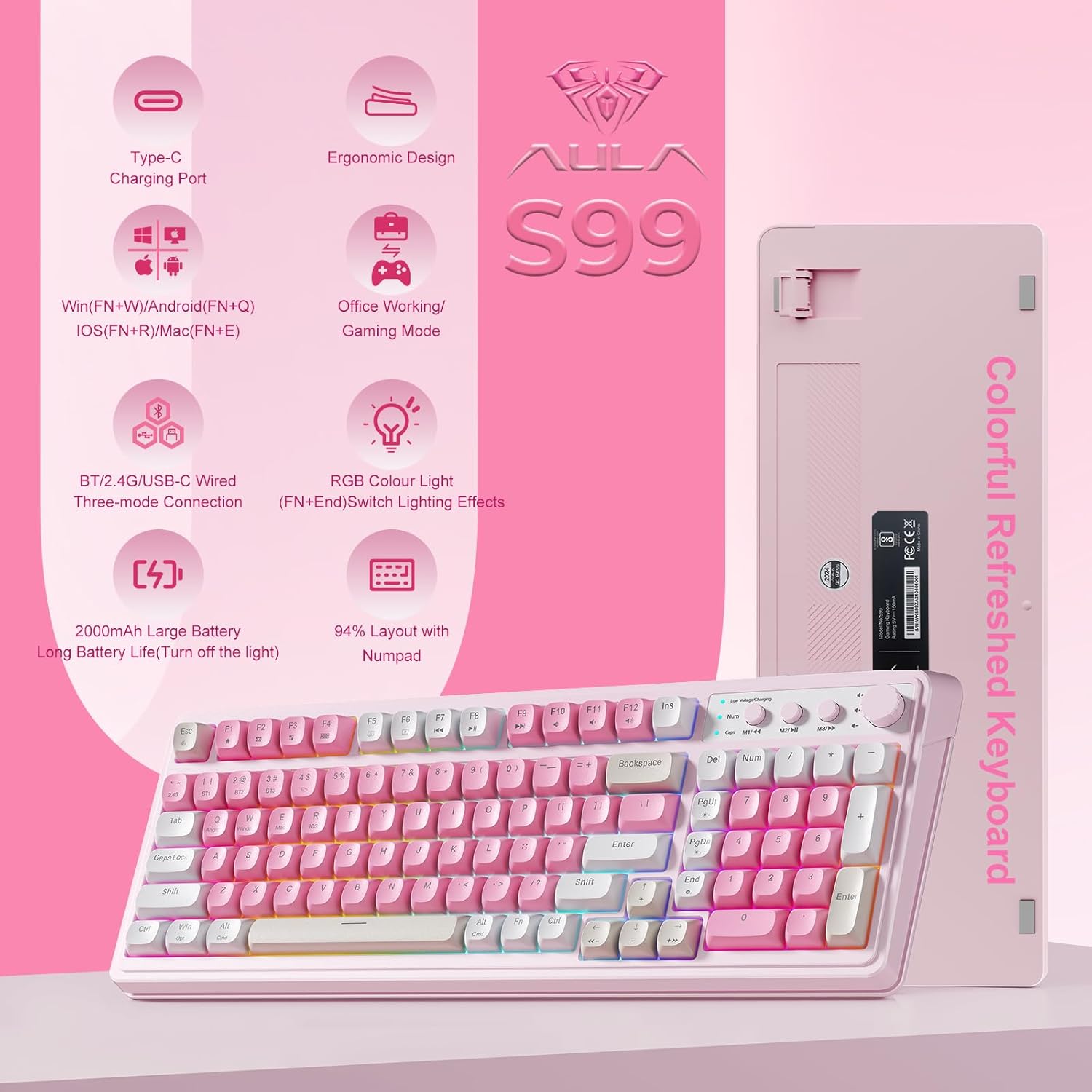 AULA 99 Key Keyboard, Wireless Gaming Keyboard Bluetooth Computer Keyboards