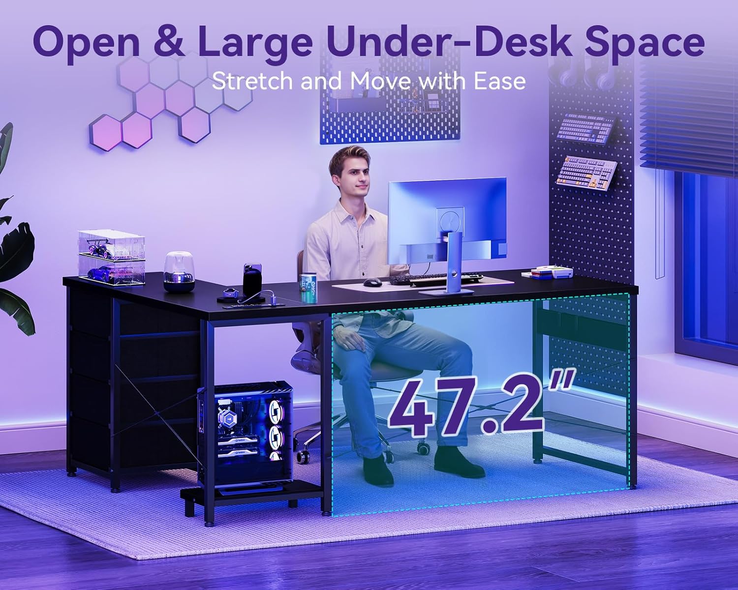 AODK L Shaped Gaming Desk with 4 Drawers, 61"