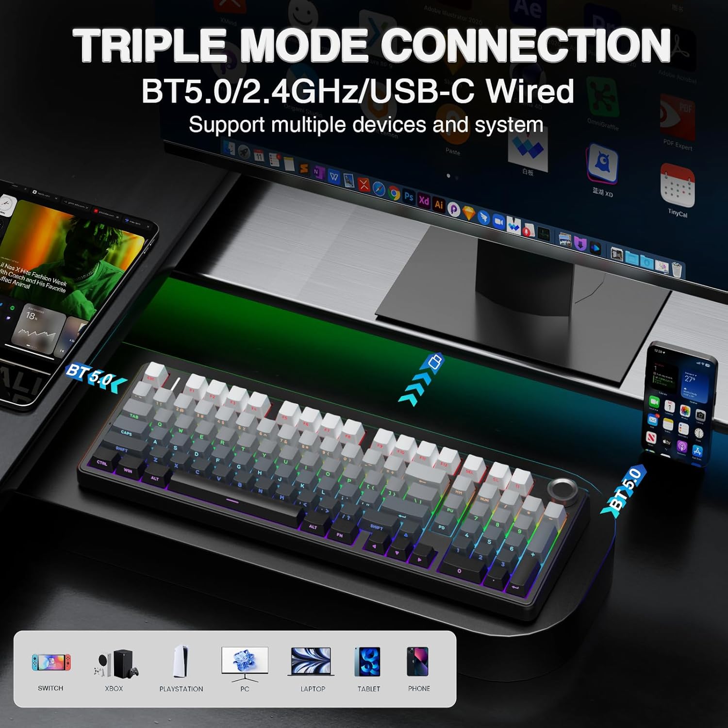 AULA F99 Pro Wireless Mechanical Keyboard with Knob,Gasket Structure,Tri-Mode BT5.0/USB-C/2.4GHz