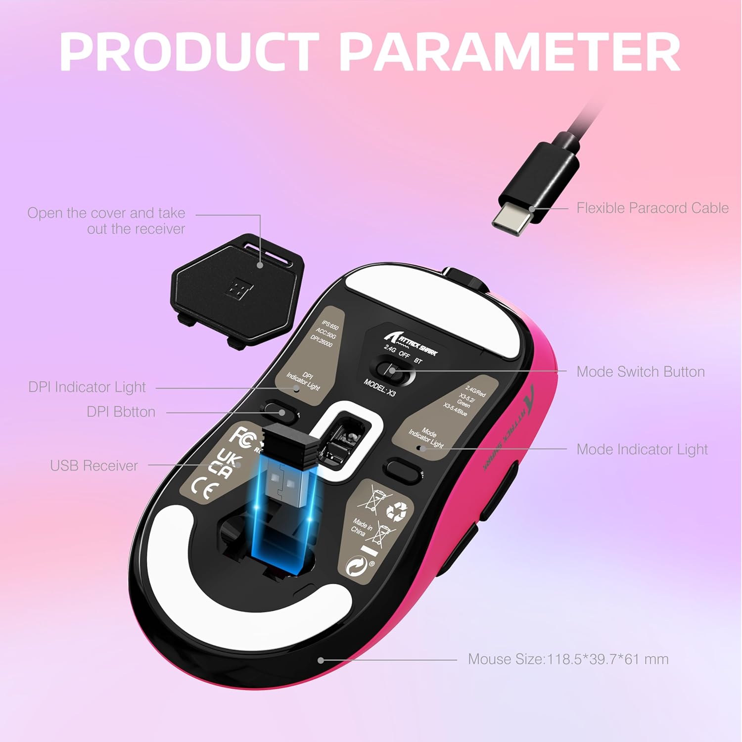 ATTACK SHARK X3 Wireless Gaming Mouse, 49g Ergonomic Computer Mouse
