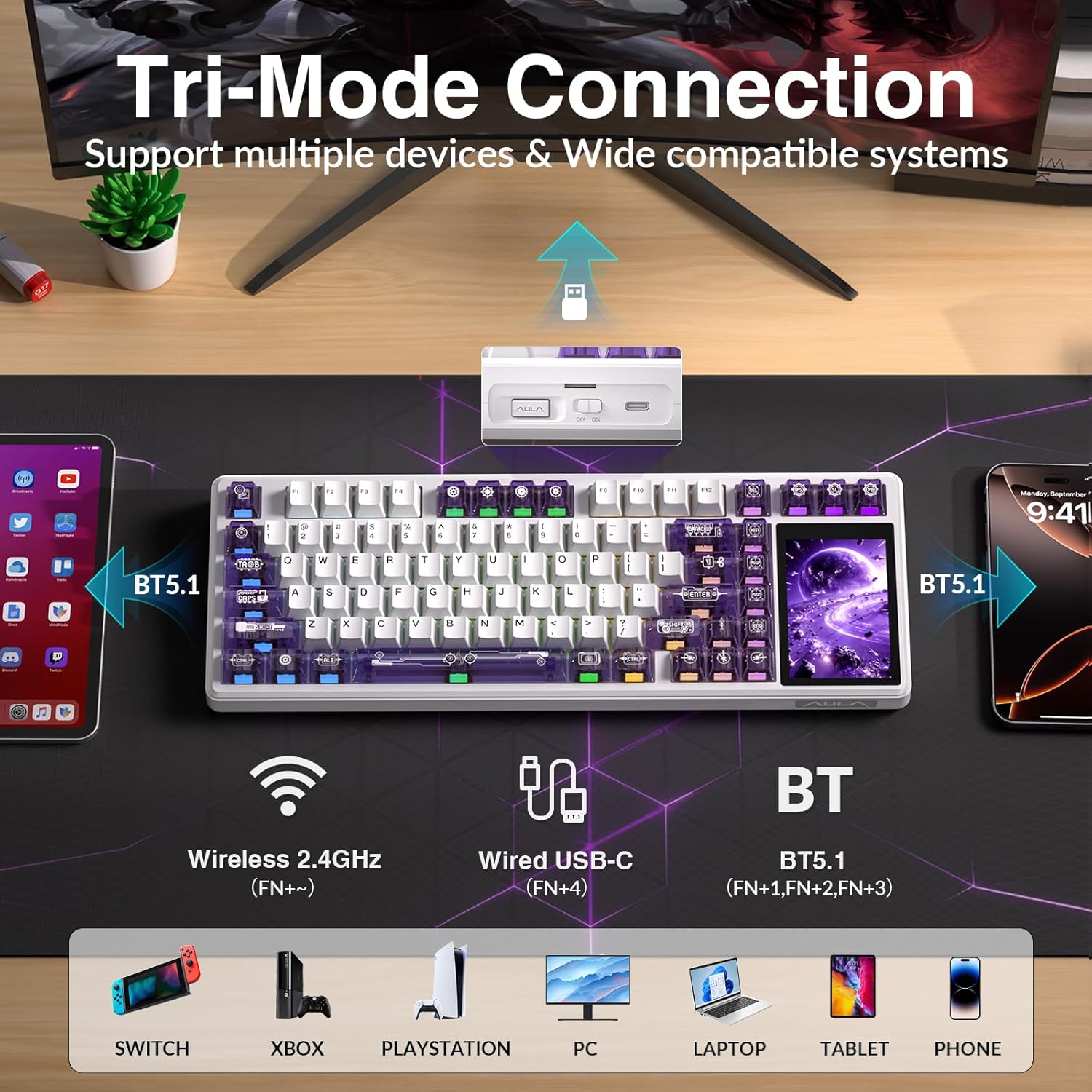 Aula L99 Wireless Mechanical Keyboard with Smart Touch Screen,Tri-Mode Hot Swappable