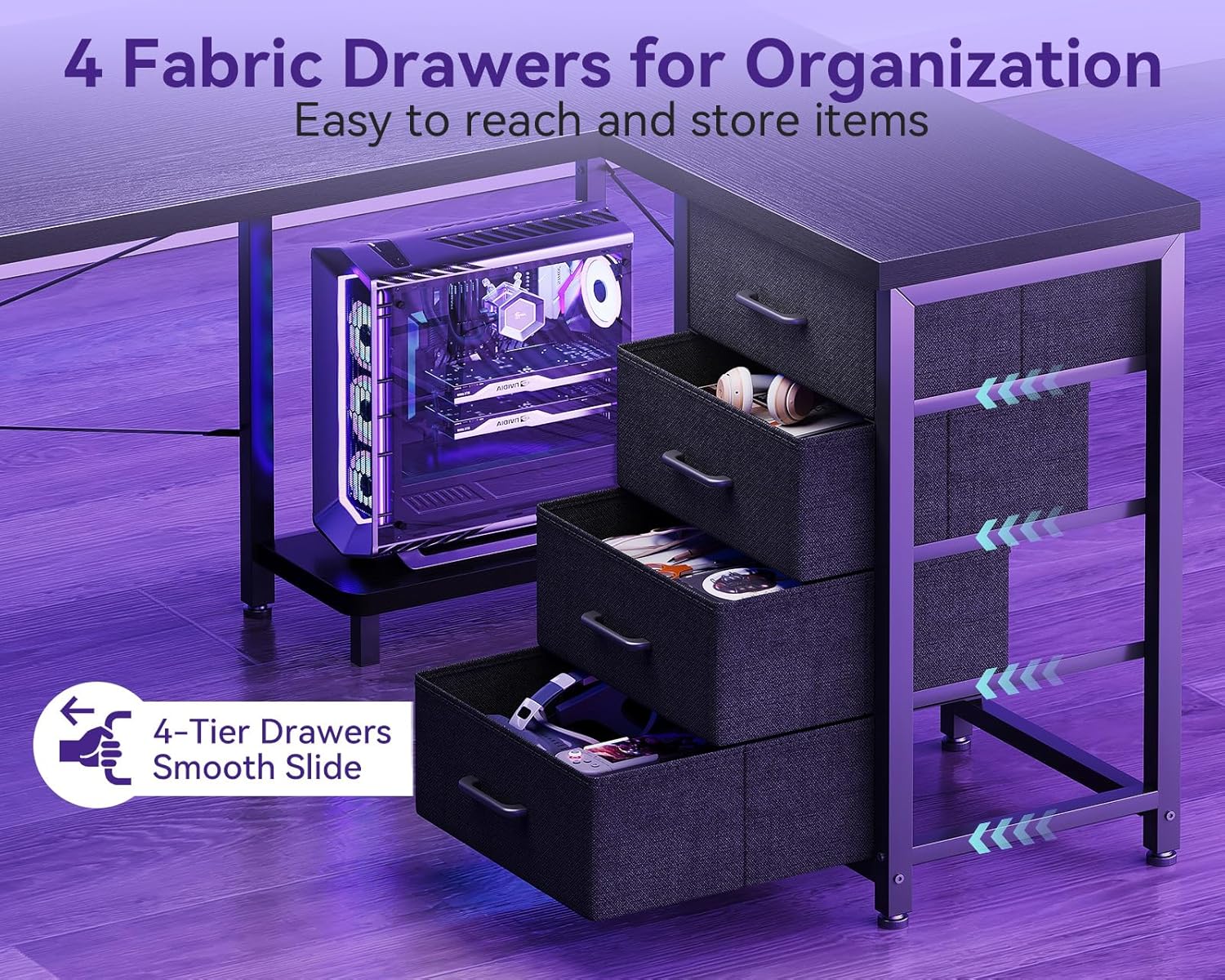 AODK L Shaped Gaming Desk with 4 Drawers, 61"