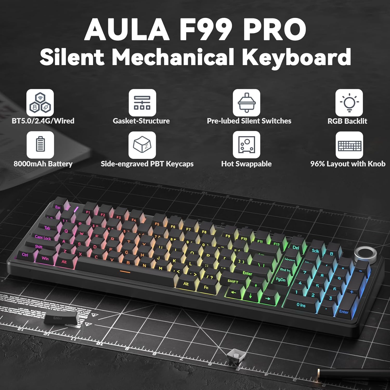 AULA F99 Pro Wireless Mechanical Keyboard-Silent Version,BT5.0/2.4GHz/USB-C