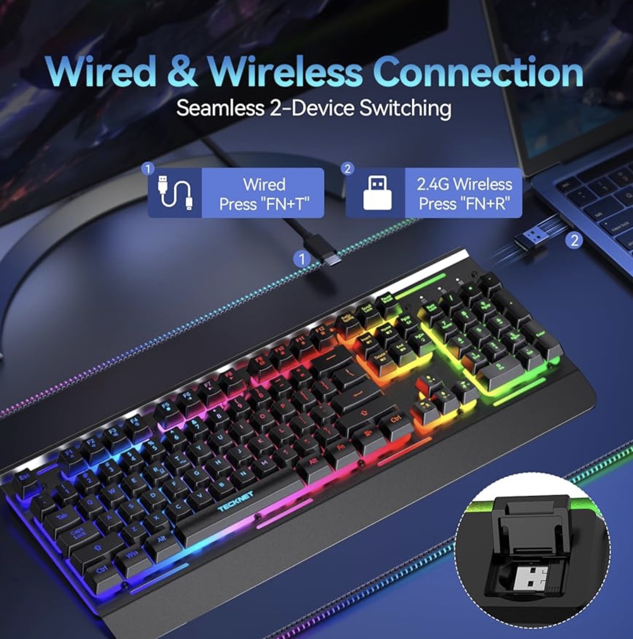 TECKNET Wireless Gaming Keyboard, 2-in-1 (2.4G Wireless & Wired)
