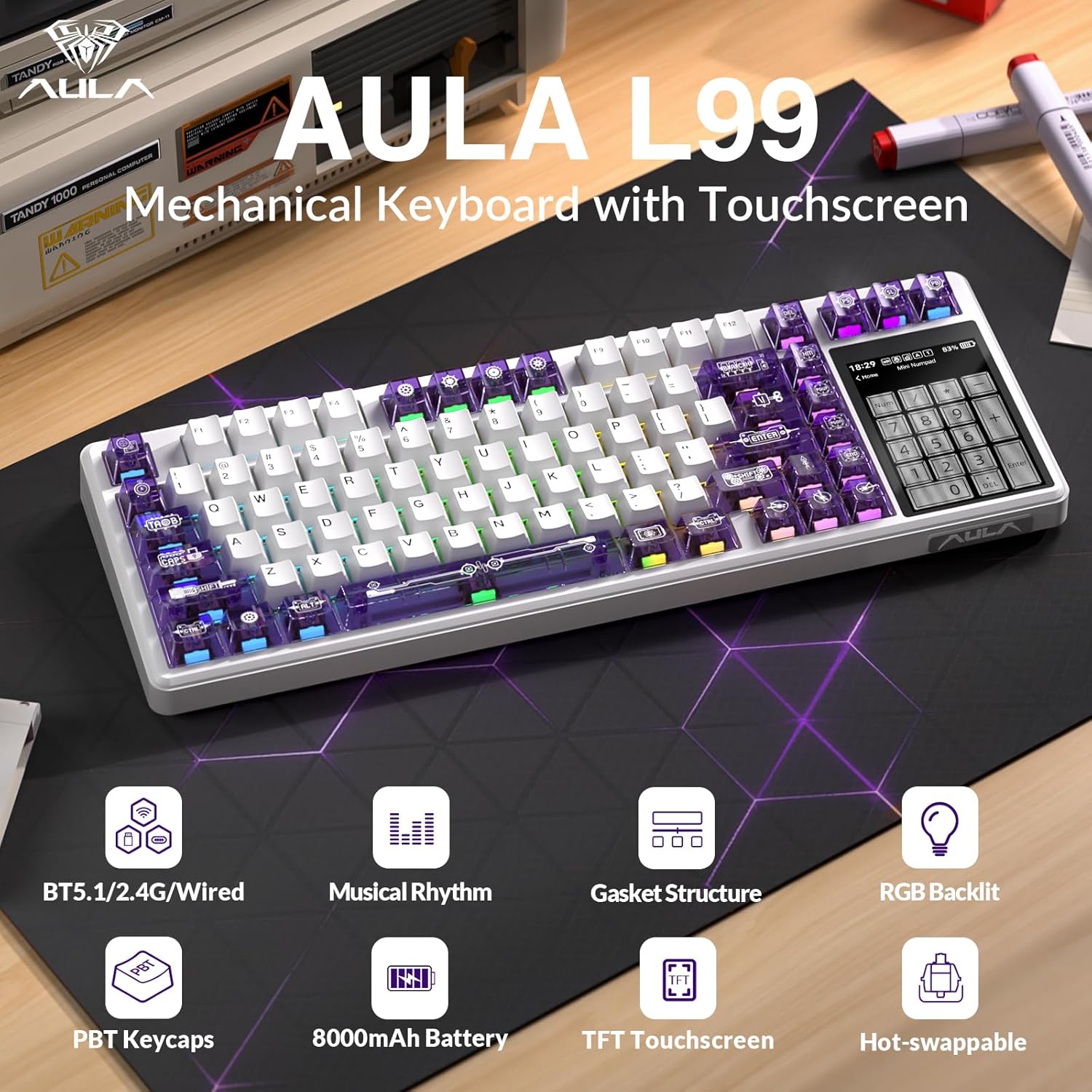 Aula L99 Wireless Mechanical Keyboard with Smart Touch Screen,Tri-Mode Hot Swappable