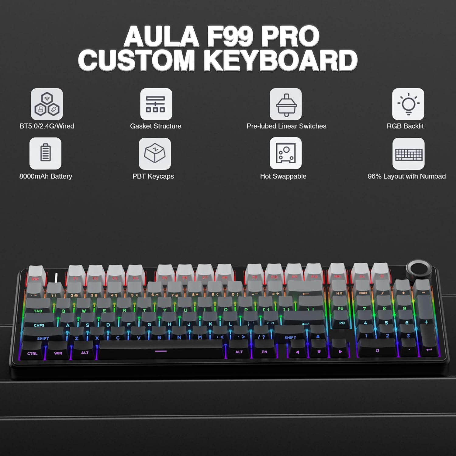 AULA F99 Pro Wireless Mechanical Keyboard with Knob,Gasket Structure,Tri-Mode BT5.0/USB-C/2.4GHz