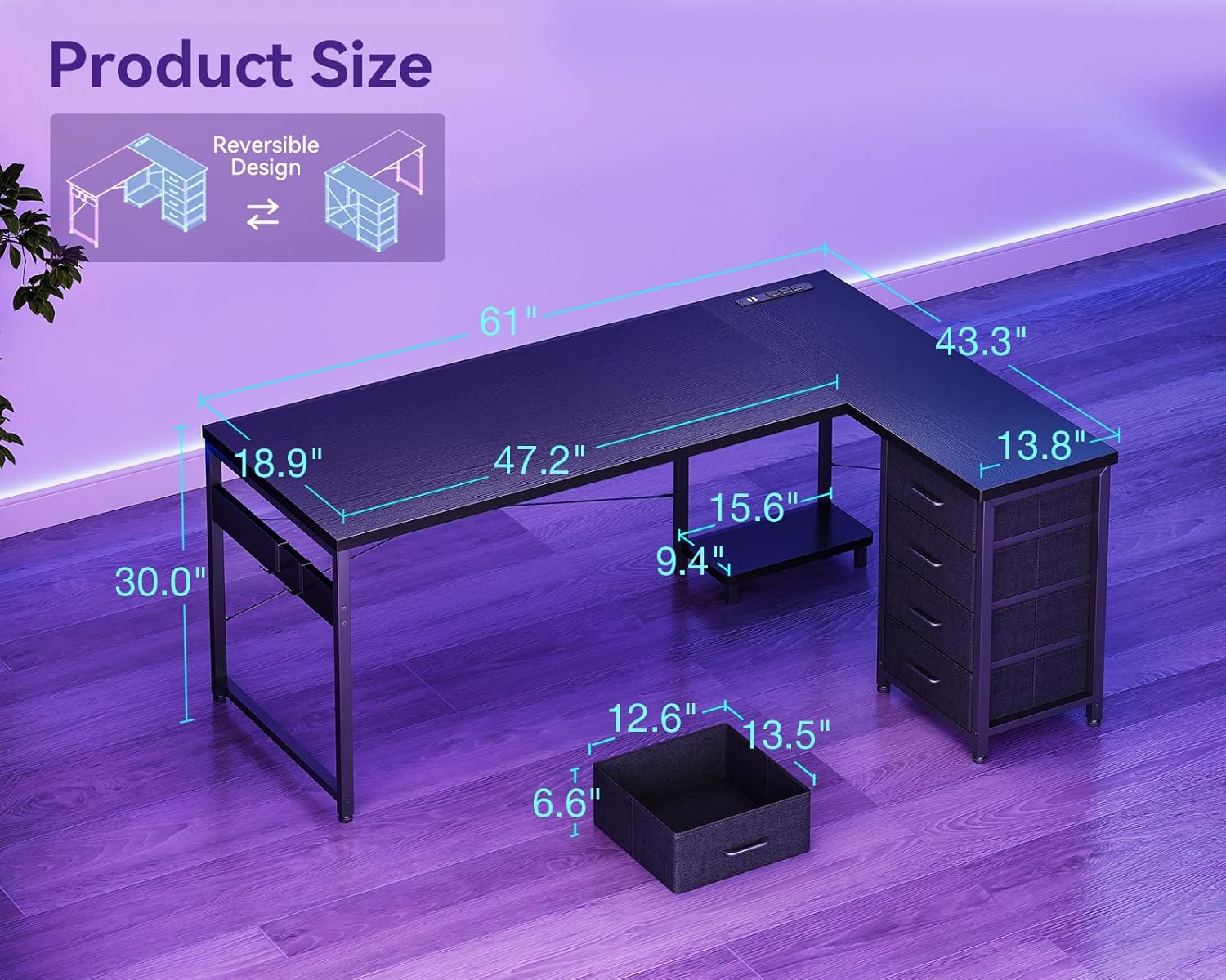 AODK L Shaped Gaming Desk with 4 Drawers, 61"