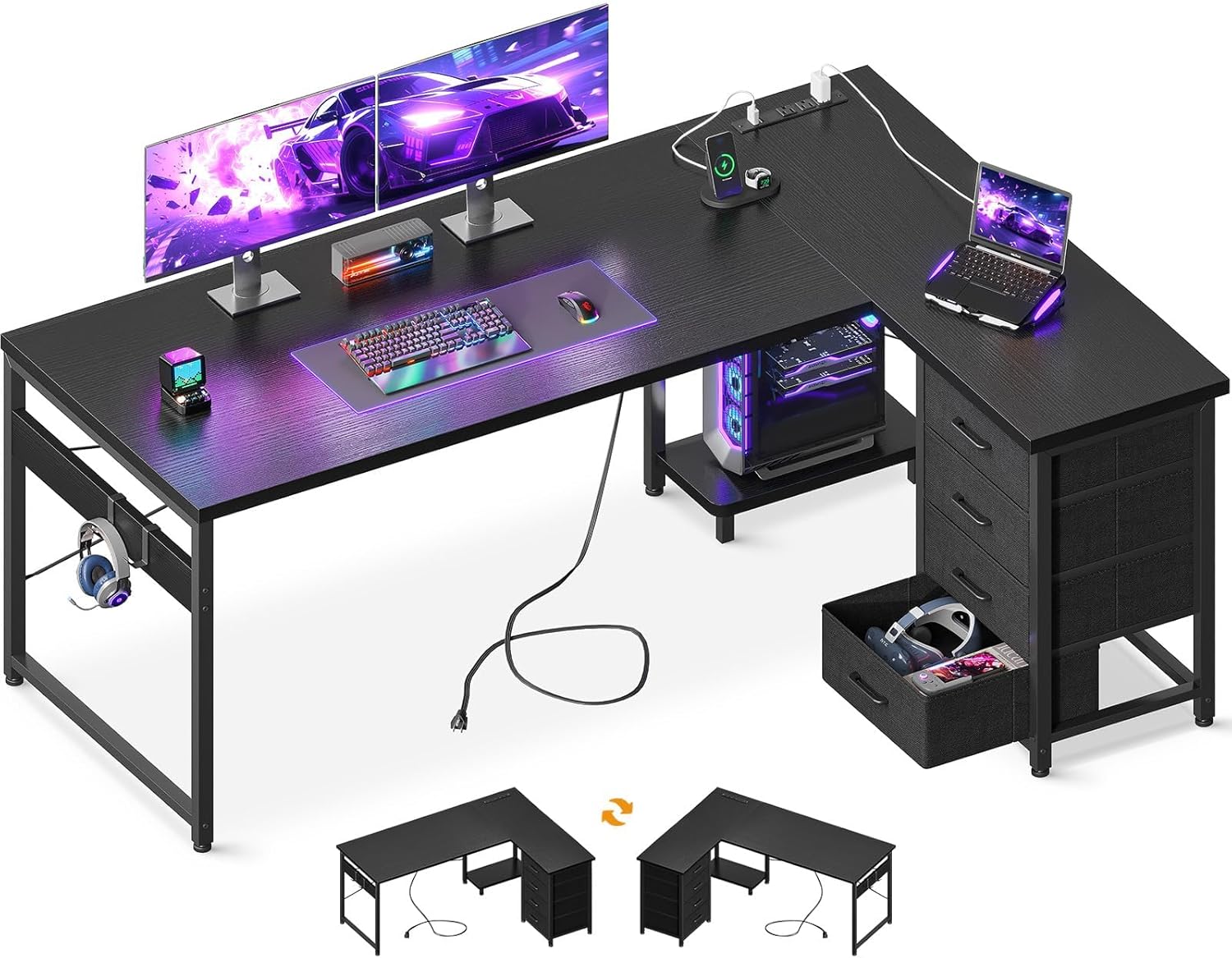 AODK L Shaped Gaming Desk with 4 Drawers, 61"