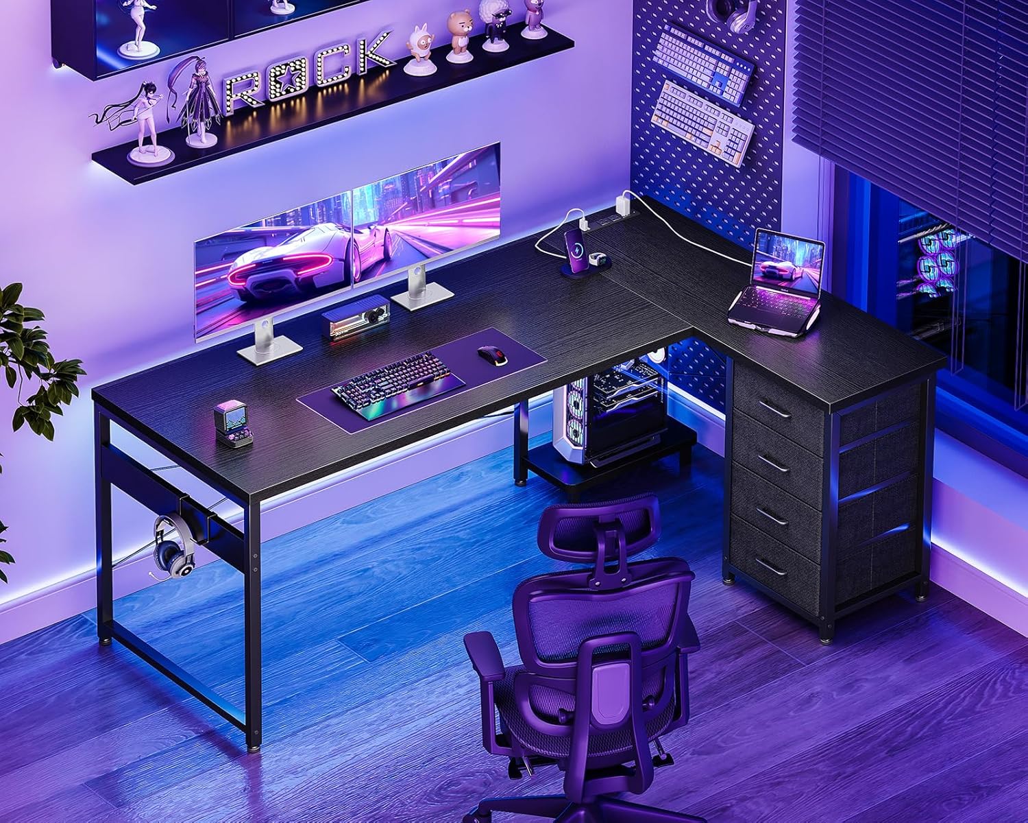 AODK L Shaped Gaming Desk with 4 Drawers, 61"